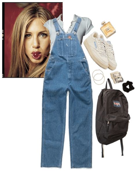 Friends Dungarees Outfit, Rachel Green Dungarees, 90s Teenage Outfits, Rachel Green Overalls Outfit, Overall 90s Outfit, 1991 Outfits, Overalls 90s Outfit, 90 Style Outfits 1990s, Rachel Green Overalls