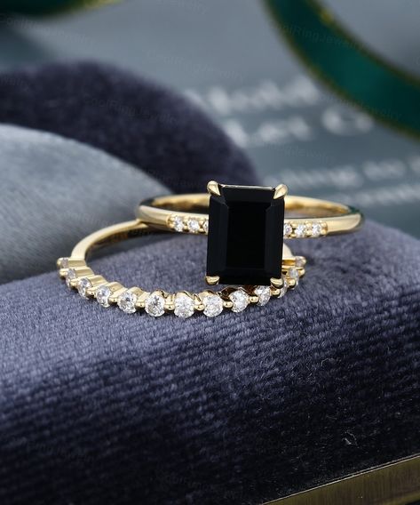 Emerald Cut Black Onyx Engagement Ring Vintage Moissanite Diamond Cluster Yellow Gold Half Eternity Band Bridal Anniversary Gift for Her - Etsy Gold Half Eternity Band, Emerald Cut Ring, Black Diamond Solitaire, Black Onyx Engagement Ring, Onyx Engagement Ring, Sterling Silver Rings Set, Emerald Cut Rings, Engagement Ring Vintage, Silver Ring Set