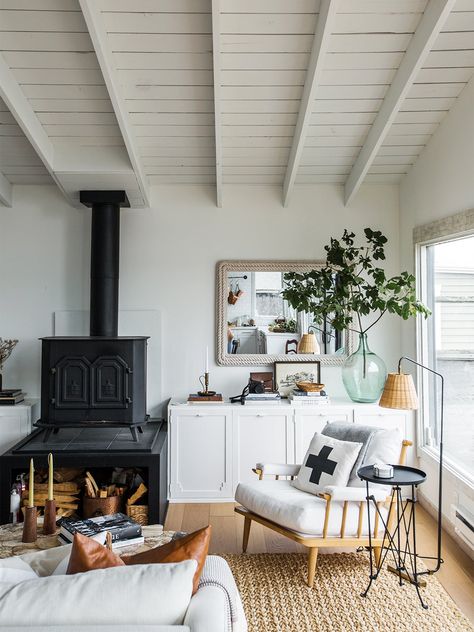 This California Home Overlooking Oyster Farms Makes a Case for Laid-Back Living Inverness California, California Cottage, House On The Water, Unusual House, Cottage Renovation, White Shiplap, Charming House, Low Cabinet, Big Design