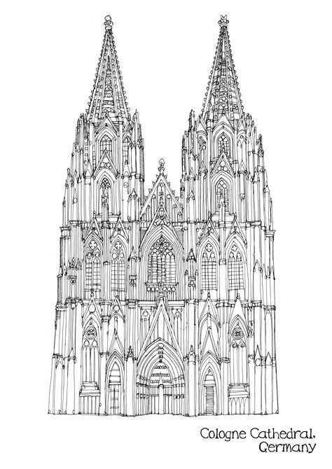 Cologne Cathedral Drawing, Cathedral Tattoo, Goth Architecture, Gothic Style Architecture, Geometric Poster Design, Cityscape Drawing, Architectural Illustration, Illustrated Maps, City Sketch