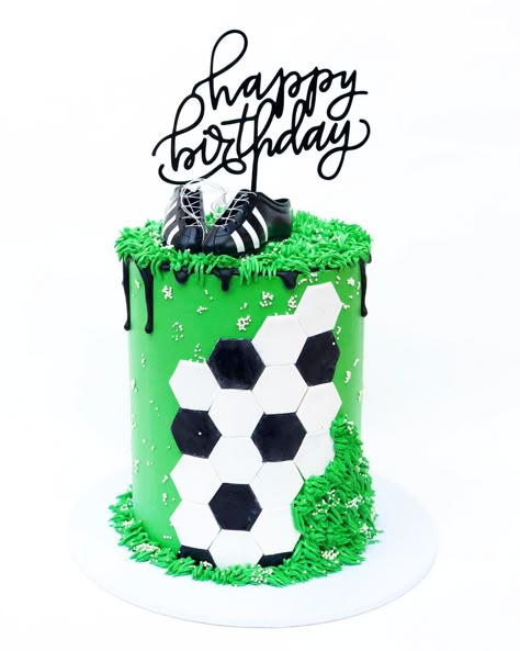 Sweet Layers on Instagram: “Soccer Cake ⚽️ . . . Design inspired by @twosweetfigs . . . #sweetlayers_ #sweetlayers #cake #sydney #sydneycakes #soccer #soccercake…” Soccer Birthday Cakes, Soccer Cake, Soccer Birthday Parties, Cake Templates, Sport Cakes, Football Cake, Birthday Cakes For Men, Soccer Party, Special Occasion Cakes