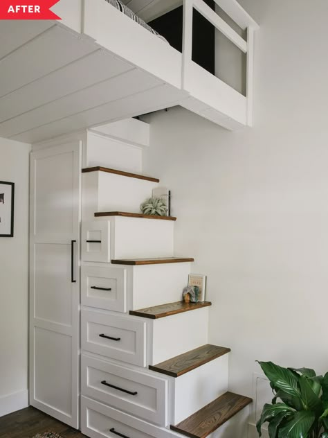 Jessica Parker Kennedy and Ronen Rubinstein House Tour Photos | Apartment Therapy Office Storage Room, Ronen Rubinstein, Tiny House Stairs, Loft Stairs, Loft Ladder, Cabin Bed, Loft Room, Tiny House Interior, House Stairs