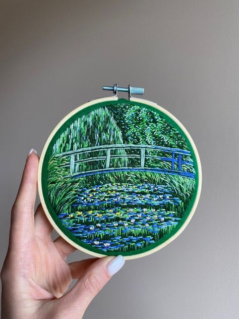 Embroidered Painting, Claude Monet Water Lilies, Embroidered Hoop, Monet Water Lilies, Diy Embroidery Kit, Hand Embroidery Art, Gifts For Art Lovers, Painting Wall Art, Embroidery Hoop Art