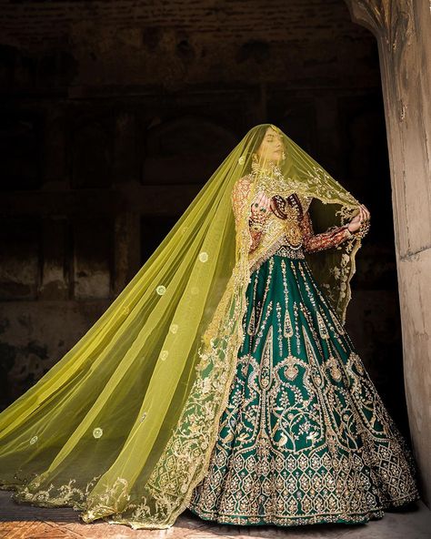 Ali Xeeshan on Instagram: “Just like a peacock fluttering feathers. 🦚 GURIYA - Dupahar A pure raw silk lehnga in emerald green is hand-rendered in gold and is��…” Green Bridal Outfit, Peacock Lehenga, Bridal Dress Pakistani, Green Bridal Lehenga, Pakistani Designer Dress, Sitara Work, Chaniya Choli Designs, Ali Xeeshan, Combination Color