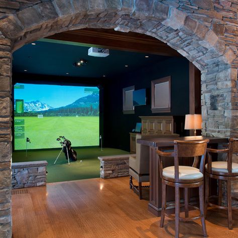 Golf Simulator Room Design Basement, In Home Golf Simulator, Golf Simulator Man Cave, Indoor Golf Simulator Man Cave, Basement Golf Simulator Room, Golf Simulator Room Man Caves, Home Golf Simulator Room, Basement Golf Simulator, Golf Simulator Basement