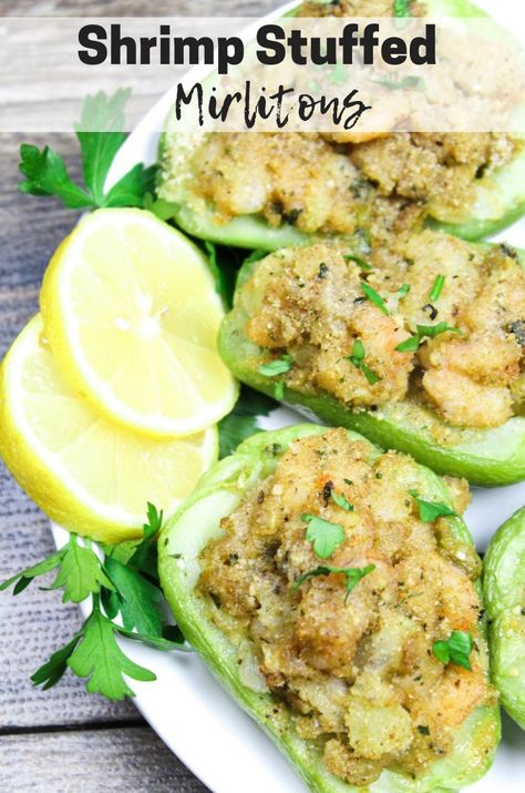 Stuffed Chayote Recipes, Militon Recipes, Louisiana Thanksgiving, Cajun Thanksgiving, Mirliton Recipe, Side Vegetables, Stuffed Veggies, Chayote Recipes, Shrimp Stuffed