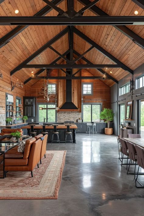 17 Awesome Man Cave Pole Barn Ideas (2024) House Design Diy Projects, Montana House Aesthetic, Barn Entertaining Space, Barndominion Interior, Small Shop House Interior, Indoor Barndominium Ideas, Barndominium With Fireplace, Barndominium Design Ideas, Barndominium Ideas Simple