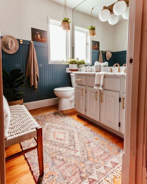 Sundays are the best days to relax and dream about bathroom updates. Instead of dreaming, why not get to it? This bathroom is proof even if you rent, you *can* do something about it! So tap the link in bio to anitayokota.com and soak in wellness via my latest DIYs for your home! ⁣⁣#bathroomrenovation #wainscoating Diy Beadboard Walls, Beadboard Bathroom Ideas, Dark Blue Grey Paint, Blue Beadboard, Painted Beadboard, Beadboard Wall, Diy Beadboard, Beadboard Bathroom, Bead Board Walls