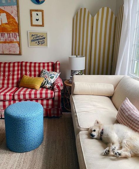 Maximalist Interior Living Room, Gingham Sofa, Townhouse Makeover, Gloomy Sunday, Maximalist Interior Design, Plaid Sofa, Thrifted Home, Maximalist Interior, Chic Room