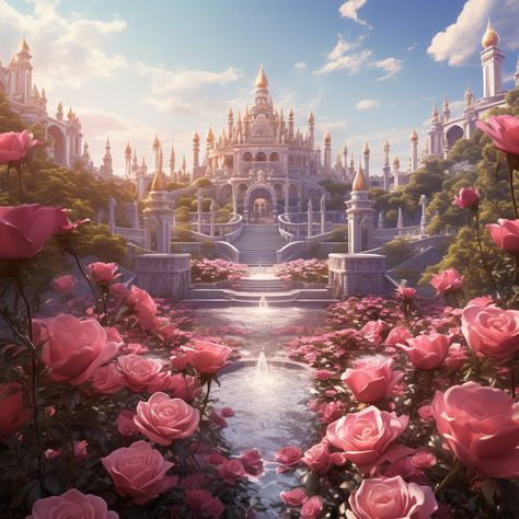 "The Rose Kingdom" Step into the enchanting "Rose Kingdom," where regal beauty blossoms. Adorned in petals of royal hues, this realm is a tapestry of flourishing gardens and majestic roses. The sovereign, a symbol of grace, oversees a court where fragrance dances on the breeze. Explore a kingdom where every petal whispers tales of elegance and natural splendor. Pink Kingdom Fantasy Art, Royal Rose Garden, Ethereal Kingdom Aesthetic, Spring Kingdom Aesthetic, Flower Kingdom Fantasy Art, Pink Palace Aesthetic, Royal Kingdom Aesthetic, Exiled Kingdoms, Spring Kingdom