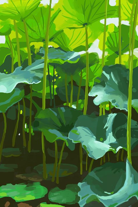 Nature Aesthetic Computer Wallpaper, Leaf Green Aesthetic, Big Plants Aesthetic, Drawing Reference Nature, Nature Aesthetic Graphic Design, Nature Aesthetic Illustration, Nature Art Digital, Plant Art Reference, Big Leaf Drawing