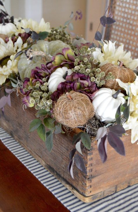 Faux Stems, Women's Conference, Table Centerpieces Diy, Fall Table Centerpieces, Faux Hydrangea, Fall Floral Arrangements, Autumn Display, Faux Pumpkins, Fall Farmhouse