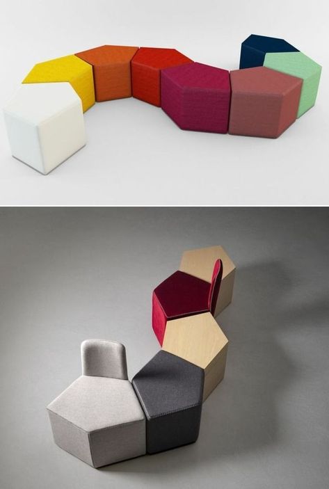 Created by DSIGINO, an integral design studio located in Madrid, the modular system comprises tables and chairs.  Both tables and chairs are in pentagonal position and can be placed adjacent to each other in multiple compositions. In the case of chairs, there is a backrest to support your vertebra, otherwise, its core body is pentagonal just like the table. Modular Furniture Design, Modular Furniture System, Module Design, Modular Table, Modular Display, Modular Chair, Outside Furniture, Innovative Furniture, Modern Sofa Designs