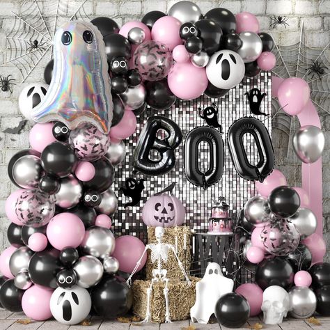 PRICES MAY VARY. 👻【Pink Halloween Balloon Arch】Includes pastel pink balloons (10 x 12", 13 x 10", 6 x 5"), black balloons (10 x 12", 13 x 10", 6 x 5"), metallic silver balloons (4 x 12", 8 x 10", 4 x 5"), black bat confetti balloons (4 x 12"), black eye balloons (5 x 5"), white ghost face balloons (3 x 12"), 2 x Halloween foil balloons (1 x large laser ghost Mo Xiaogui, 1 x 16 inch black BOO balloons) and 2 x dispensing, 1 x balloon chain. 🎃【Perfect Pink Halloween Party Decoration】The Hallowee Outside Halloween Birthday Party, Halloween Theme Bday Party, Hey Boo Party, Hey Boo Halloween Party, Halloween Birthday Balloon Arch, Trick Or Three Birthday Party Decor, Girl Halloween Party Ideas, Hello Kitty Halloween Birthday Party, Pink Halloween Party Decor