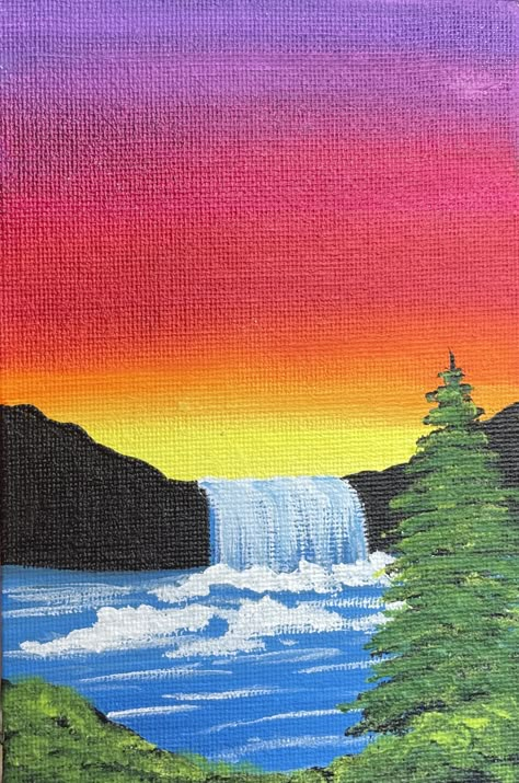 abstract art painting Aesthetic Art Acrylic Paintings, Easy Nature Paintings, Room Painting Ideas, Canvas Landscape Painting, Sunset Paintings, Waterfall Painting, Canvas Painting Projects, Sunset Canvas Painting, Landscape Acrylic Painting