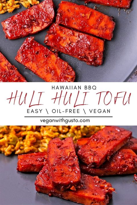 Huli Huli tofu is one of the best BBQ tofu recipes ever! Healthy, easy, oil-free, and perfect for beginners. Classic Hawaiian BBQ sauce, Huli Huli sauce is spicy, sweet, zesty and simple to make. This marinated and baked firm or extra firm tofu recipe can also be cooked in the air fryer or on the grill for crispy tofu. This is the ultimate vegan dinner with delicious flavor and a sauce recipe sure to become a family favorite. Oil Free Tofu Recipes, Tofu Dipping Sauce, Hawaiian Sauce, Tofu Bbq, Hawaiian Bbq Sauce, Huli Huli Sauce, Firm Tofu Recipes, Vegan Main Dish, Huli Huli