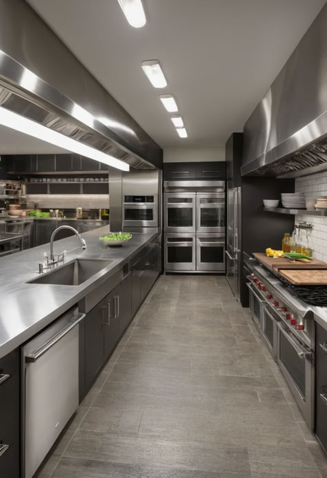 This prep kitchen offers an expansive workspace with stainless steel counters, industrial shelving, and plenty of storage for utensils and ingredients. Perfect for serious cooks. #PrepKitchen #ProfessionalCooking #ModernDesign #FoodPrep #FunctionalSpaces Business Kitchen Ideas, Modern Chefs Kitchen Design, Culinary Kitchen Design, Prep Kitchen Ideas, Home Chef Kitchen Design, Prep Kitchen Design, Home Commercial Kitchen, Professional Chef Home Kitchen, Professional Kitchen At Home