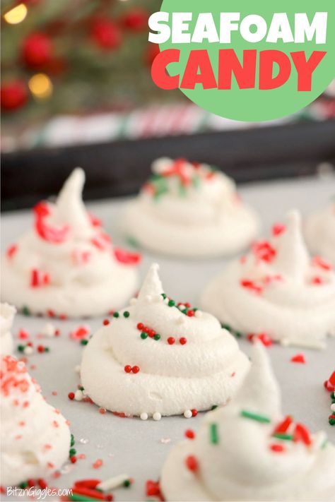 Light and airy, old-fashioned divinity candy - a sweet, smooth, and nougat-like confection topped with Christmas sprinkles. Jello Divinity Candy Recipe, Sea Foam Candy Recipe, Seafoam Candy Recipe, Seafoam Candy, Divinity Candy Recipe, Divinity Candy, Peppermint Dessert, Sees Candies, Cream Of Tarter