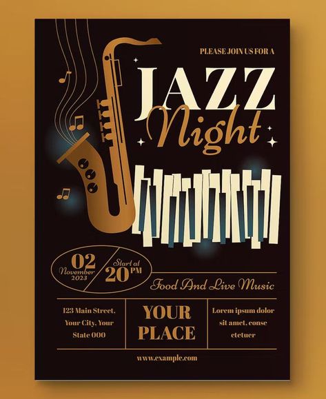 Black Retro Jazz Night Flyer Template AI, PSD Jazz Night, Black Retro, File Organization, Art Tips, Flyer Template, Flyer Design, Design Template, Baby Blue, Black