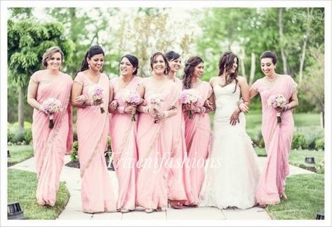 Desi Fusion, Fusion Dress, Bridesmaid Sarees, Pink Sari, Party Dresses With Sleeves, Indian Bridesmaid Dresses, Indian Bridesmaids, Bridesmaid Lehenga, Groomsmen Outfits