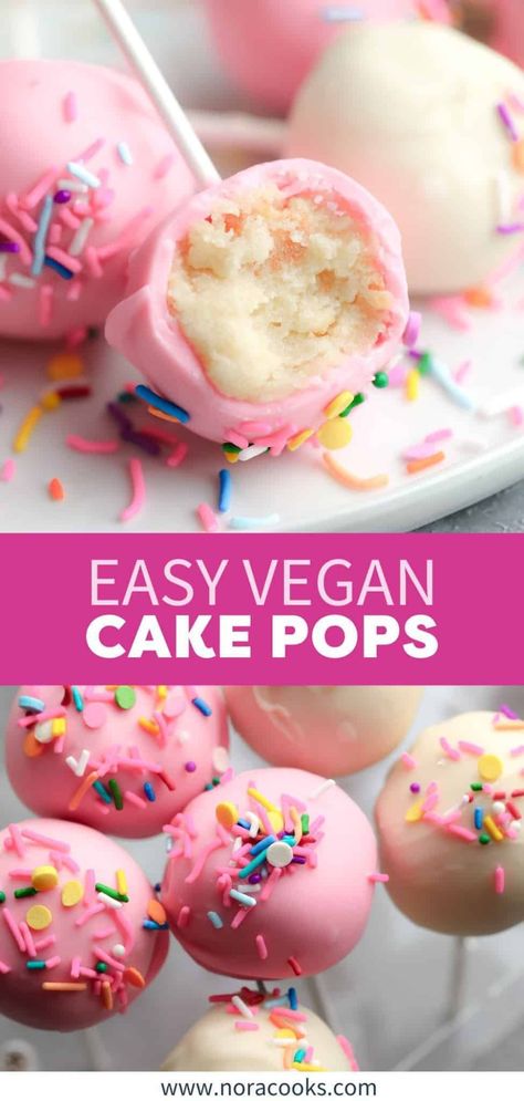 These Vegan Cake Pops are as much fun to make as they are to eat! Homemade vegan vanilla cake and frosting are mixed together, rolled into balls, and dipped in melted chocolate. The perfect two-bite dessert for parties or to gift to family and friends! | vegan cake pops recipe easy | easy vegan cake pops recipe | vegan cake pops recipe vanilla Gluten Free Vegan Snacks For Party, Vegan Easy Baking, Vegan Dessert Board, Cute Vegan Desserts, Healthy Vegan Treats, Vegan Deserts Ideas, Healthy Vegan Baking, Easy Vegan Dessert Quick, Vegan Smash Cake