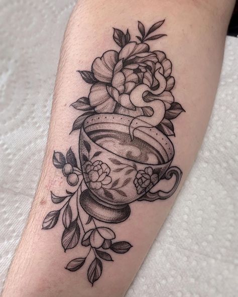 Tea Cup Tattoos For Women, Tea Cups Tattoo, Stacked Teacup Tattoo, Disney Teacup Tattoo, Floral Teacup Tattoo, Teacup With Flowers Tattoo, Coffee Cup Tattoo, Black Grey Tattoo, Tattoo Van