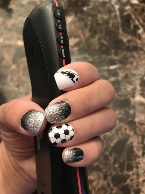 Soccer Ball Nail Art, Soccer Nails Acrylic, Soccer Acrylic Nails, Soccer Nails Design Mom, Soccer Nails Design Sports, Soccer Ball Nails Designs, Soccer Ball Nails, Soccer Theme Nails, Football Gel Nails