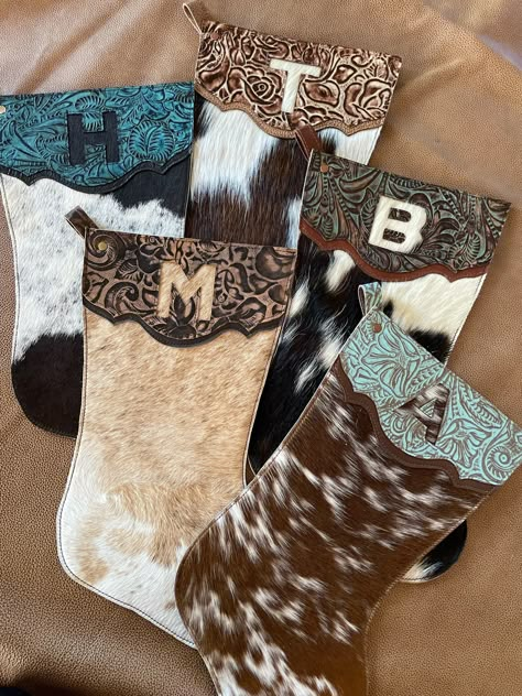 Cow Print Christmas Stocking, Western Sitting Room, Cowboy Boot Stockings Western Christmas, Cowhide Christmas Stocking, Cowhide Christmas Decor, Country Western Christmas Tree Ideas, Christmas Western Decorations, Western Stockings Christmas, Cowhide Home Decor