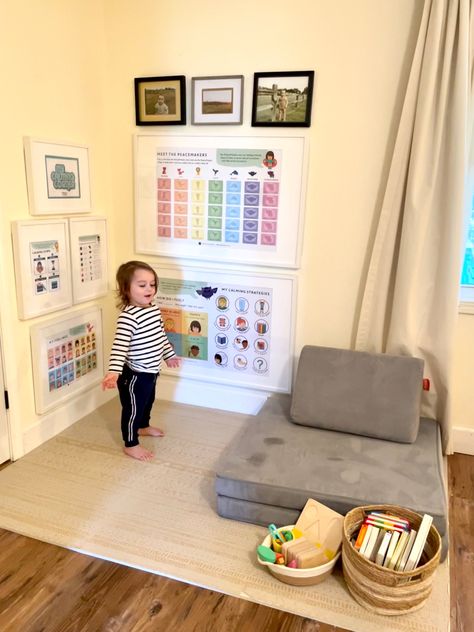 Playroom Calm Corner, Calm Down Corner In Bedroom, Calm Corner Toddler, Classroom With A Couch, Living Room Montessori Corner, Toddler Cozy Corner, Calm Playroom, Kid Corner In Living Room, Toddler Corner In Parents Room