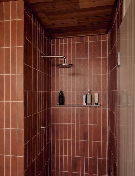 Red Tile Bathroom, Square Tile Bathroom, Mid Century Bathroom Remodel, Apartment Transformation, Terracotta Bathroom, Mcm Bathroom, Sustainable Diy, Tile Renovation, Timber Roof