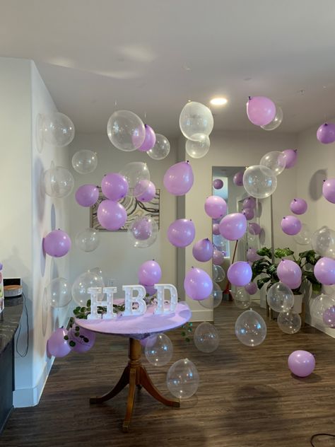 Use fishing line for a floating finish! Balloons On Fishing Line, Floating Balloon Decorations, String Balloons, Bubble Birthday Parties, Surprise Birthday Decorations, Balloon Business, Disco Party Decorations, Bubble Birthday, Floating Balloons