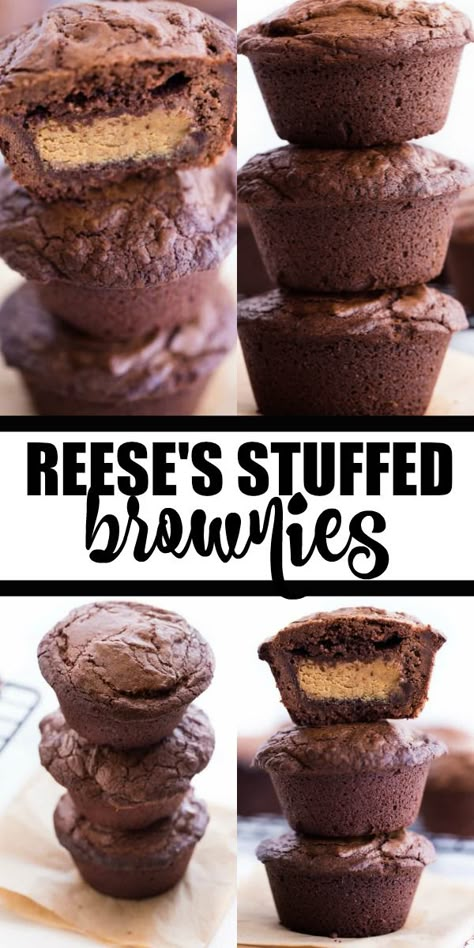 Reeses Brownies, Stuffed Brownies, Brownie Desserts Recipes, Resep Brownies, Brownie Cups, Brownie Cupcakes, Brownie Desserts, Peanut Butter Desserts, Chocolate Heaven