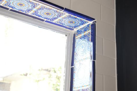 RAZMATAZ: Mexican Tiled Windows. Mexican Tile Window Trim, Tiled Window Sill Bathroom, Tiles Window Sill, Tiled Window Sill Kitchen, Tile Window Trim, Tile Archway, Painted Wall Borders, Tile Window Sill, Tile Around Window