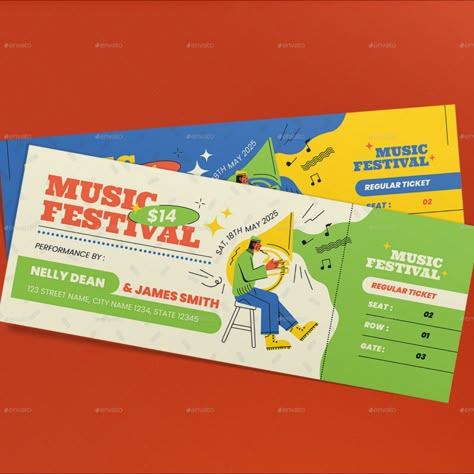 Music Festival Ticket Festival Tickets Design, Music Festival Visual Identity, Event Card Design, Festival Ticket Design, Ticket Design Ideas, Music Festival Aesthetic, Festival Ticket, Festival Aesthetic, Event Tickets