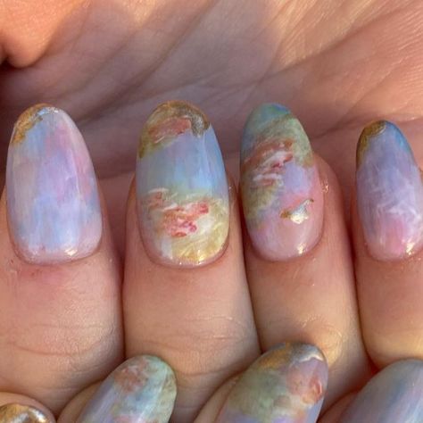 GELX and BIAB Nails on Instagram: "a monet inspired lily pads nails with some cute dreamy skies and gold accents   products used: metallic gold from @sissiofficial_  colours from @kenzico_korea @zillabeau_ca @zillabeau @verygoodnail  apres gelx tips @apresnailofficial  - - - #nailart #torontonailart #monet #monetnails #monetlilypads #monetpainting #nail #nailsofinstagram #hypebae #nailsdesign #naildesigns #nailartist #nails" Impressionist Nail Art, Monet Inspired Nails, Impressionist Nails, Monet Nailart, Claude Monet Nails, Cute Nail Colours, Monet Nail, Art Inspired Nails, Monet Nails