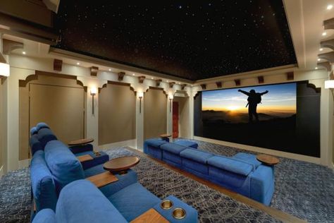 This Hospitality-Oriented Home Theater Features Thoughtful Design Details Blue Home Theater, In Home Theater, Home Theater Room, Heather Hills, Path Lighting, Theater Design, Home Entertaining, Home Theaters, Different Design Styles