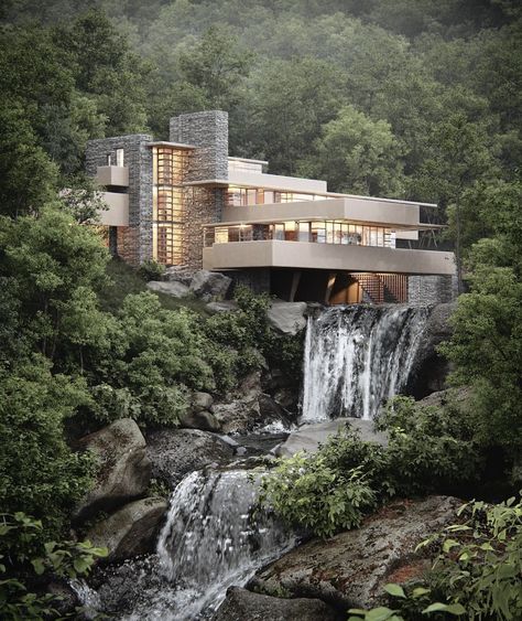 Fallingwater By Frank Lloyd Wright, Waterfall Building Architecture, Waterfall House Frank Lloyd Wright, The Incredibles House, House With Waterfall, All Black Houses, Waterfall Architecture, Frank Lloyd Wright Falling Water, Fallingwater Frank Lloyd Wright