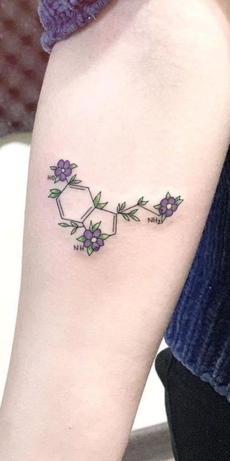 Serotonin Flower Tattoo, Estrogen Molecule Tattoo, Serotonin Tattoos Creative, Serotonin Tattoos For Women, Seratonin Small Tattoo, Chemistry Tattoos, Chemical Tattoo, Dopamine Tattoo, Serotonin Tattoo