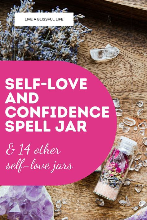 A self-love spell jar, an amethyst, and some lavender flowers; Text reads - Self-love and confidence spell jar Positive Spells, Love Spell Jars, Magic Spell Words, Self Love Spell, Witchcraft Diy, Jar Of Notes, Tranquility Base, Witch Ball, Gratitude Jar