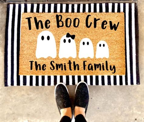 *Our Doormats* Our doormats are made-to-order, and hand painted with a durable, rubberized paint to ensure a longer lasting design. * Face 100% coir * Backing 100% vinyl * Vinyl backing provides anti-slipping effect * We offer a variety of sizes to fit any doorway: 16x24, 18x30, and 24x35. Small imperfections may occur as they are handmade. *Care Instructions* We recommend keeping your doormat in a dry, covered area. Just vacuum, sweep or shake your doormat to get rid of any debris. If your doormat becomes wet, just hang dry. Keep in mind that the coir material will darken when wet. PLEASE NOTE: * the color of the mats may vary slightly from the photos due to them being made naturally from coconut coir. ** the layering rug is NOT included - this listing is for the coir doormat ONLY,   ther Disney Doormat Ideas, Fall Coir Doormat Ideas, Halloween Rug Painting Ideas, Custom Door Mats, Halloween Rugs Diy, Halloween Door Mat Diy, Disney Doormat, Ghost Family, Porch Mat