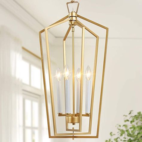 KSANA Gold Chandelier, 4-Light Gold Pendant Light with Adjustable Framework for Kitchen, Dining Room, 14" W x 28.3" H - - Amazon.com Breakfast Area Lighting, Gold Geometric Pendant Light, Gold Pendant Light Kitchen, Nashville Living, Modern Gold Chandelier, Kitchen Sunroom, Foyer Pendant Lighting, Pendant Light Kitchen, Geometric Lantern