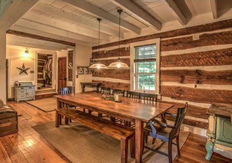 Square Log Homes Interior, Cabin Interiors Pine Walls, Log Cabin With Addition, Log Cabin Homes Bedroom Master Suite, Log Cabin White Ceiling, Log Cabin Interior Stain Colors, Cabin Dinning Room Ideas, Log Cabin Cottage Interior, Log House Renovation