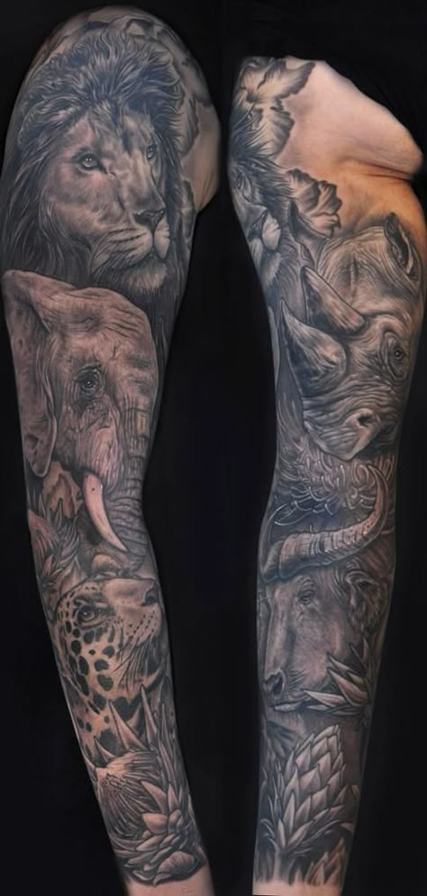 africas 5                                                                                                                                                      Más African Sleeve Tattoo, Rhino Tattoo, Africa Tattoos, Animal Sleeve Tattoo, Tier Tattoo, African Tattoo, Geometric Tattoos, Full Sleeve Tattoos, Elephant Tattoos