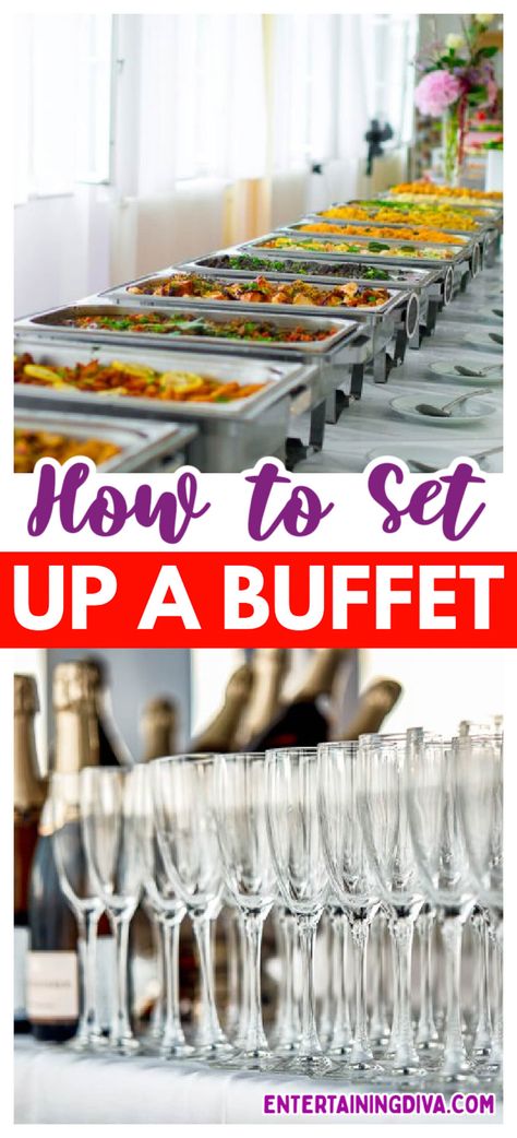 These tips for how to set up a buffet are awesome! Learn the best serving dishes to use, the table layouts that work the best and what shouldn't be on the buffet tables to make the buffet go smoothly for your party, event or wedding dinner Party Buffet Table Set Up, Silverware Display For Party Buffet, Buffet Style Table Setting, New Year’s Eve Buffet Ideas, Banquet Food Ideas Buffet Tables, Thanksgiving Set Up Buffet Tables, Reception Food Table Setup, Serving Dishes For Entertaining, Food Set Up For Party Buffet Tables