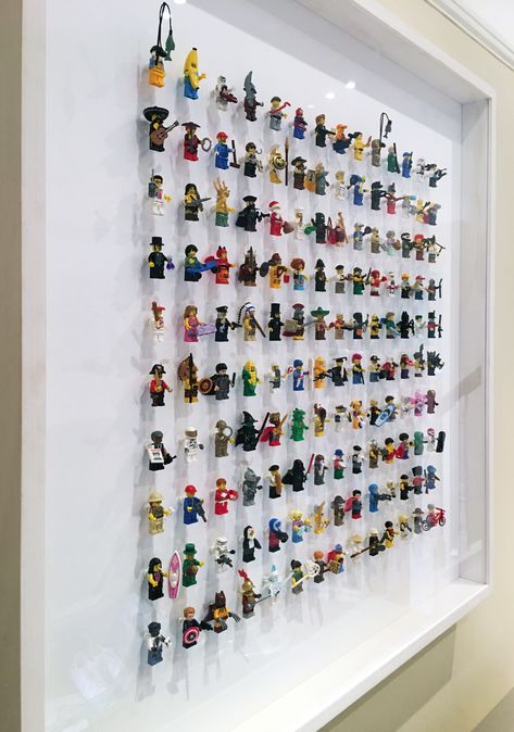 Lego Wall Display, Lego Organizer, Mini Figure Display, Lego Wall Art, Lego Room Decor, Lego Minifigure Display, Lego Frame, Lego Organization, Display Cabinet Design