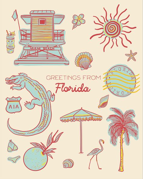 Greetings From Florida collage watercolor art print is a print of a my hand drawn, watercolor painting. It features a lifeguard tower, alligator, palm tree, Florida stamp, seashells, palm tree, route A1A, orange branch and the text "Greetings from Florida". It is printed on a cold press, watercolor textured paper. Acid free, archival, and very sturdy with a matte finish. They are quickly shipped in both a plastic protective sleeve and a rigid mailer to ensure its safety during shipping. Each pri Greetings From, Florida Mood Board, Florida Drawing, Florida Doodles, Florida Wall Art, Florida Painting Ideas, Florida Symbols, Stamp Painting, Florida Themed Tattoos