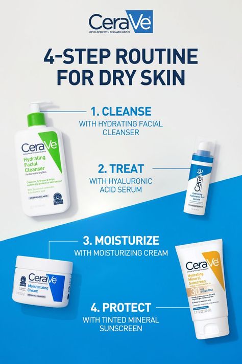 Build a routine to cleanse, treat, moisturize and protect dry skin with CeraVe, the #1 dermatologist recommended moisturizer brand. Wrinkles Remedies Face, Cerave Skincare, Dry Skin Routine, Haut Routine, Serum For Dry Skin, Dry Skin Care Routine, Lotion For Dry Skin, Basic Skin Care Routine, Facial Skin Care Routine