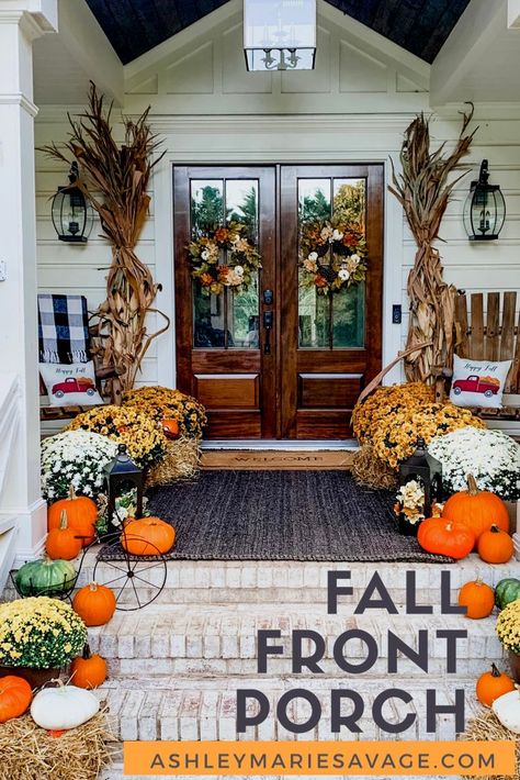 Sharing my fall front porch inspiration! How I achieved this fun fall front porch entryway. Sharing my decor and tips for decorating for the fall season. Mums, pumpkins, corn stalk, wreaths, outdoor rugs, fall pillows, fall blankets, and more! Door Fall Decor, Fall Porch Ideas, Fall Front Porch Decor Ideas, Outside Fall Decor, Fall Front Porch Ideas, Fall Porch Decor, Double Front Doors, Porch Decorations, Fall Decor Inspiration