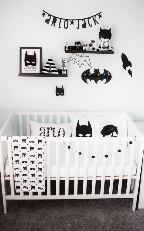 Baby boy monochrome batman minimalist nursery bedroom. Rich Stapleton, Batman Nursery, Batman Bedroom, Batman Room, Girls Room Paint, Monochrome Bedroom, Baby Batman, Boy Girl Nursery, Monochrome Nursery