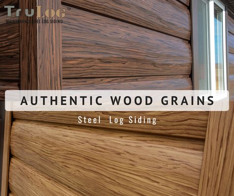 Learn More About Steel Log Siding Get the wood look without the maintenance! Steel log siding gives you the durability and longevity of steel, without the constant staining, painting, or sealing of your cabin. #LogHome #LogCabin #LogHomeSiding #LogCabinSiding #LogSiding #FauxLogSiding #SteelSiding #MetalSiding #LogHomeIdeas #LogHomeExterior #LogCabinExterior Log Cabin Siding Mobile Home, Wood Look Steel Siding, Steel Siding That Looks Like Wood, Thermally Modified Wood Siding, Woodtone Rustic Siding, Cabin Siding, Log Cabin Siding, Log Cabin With Chinking Exterior, Log Homes Exterior